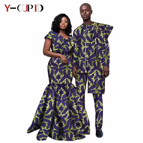 African Print Dresses for Women Matching Men Outfits Irregularly Top and Pants Sets Bazin Riche Afri