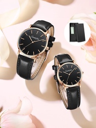 2 piezas de relojes simples y exquisitos de pareja de época, relojes de pulsera de cuarzo impermeables para negocios casuales con caja de regalo