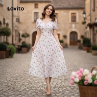 Lovito Casual Ditsy Floral Pleated Draped Pattern Summer Spring White Dress for Women L13AD47455