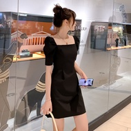 Women Puff Sleeves Square Neck Dress Solid Color Off Shoulder Short Sleeve Causal Dress
