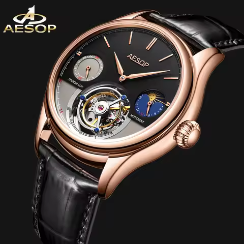 AESOP 2025 Luxury Men's Real Tourbillon Wristwatch Multifunctional Moonphase Skeleton Watch Sapphire