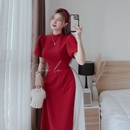 [Voucher 50k Freeship Max 0 đồng toàn quốc] Áo dài cổ trụ màu đỏ kín đáo kèm quần ống rộng trắng vải