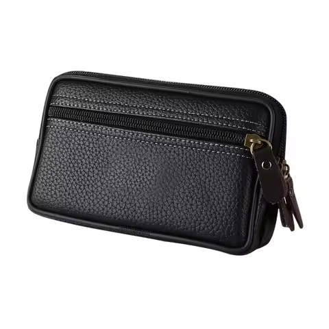 Man Multi-Function Mini Waist Bag PU Leather Double Layer Zipper Phone Card Bag Men's Packs Belt Mes