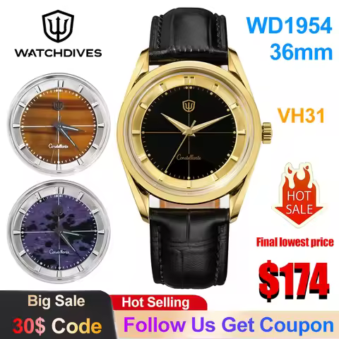 Watchdives WD1954 New Gold Case Quartz Watch VH31 Sweep Movement Sapphire Crystal Tiger Eye Stone Di