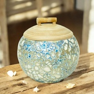 Round jar with ecological bamboo lid, wooden jar ​​Handmade eggshell mosaic jars for candy and dry f