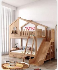 L0565兒童床全實木半高床帶櫃上下鋪雙層組合子母樹屋床（包運送）