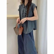 QIAOQ1IAO French Lazy Loose Feel Fungus Edge Checked Small Shirt Korean Short-Sleeved Shirt Temperam