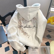 Silver Fox Velvet Style High Street Floral Letter Printed Hooded Sweatshirt Men s and Women s Loose 