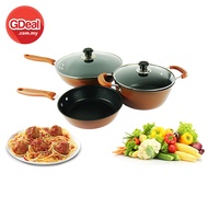 GDeal Premium 3-In-1 Nonstick Cookware Set With 2 Glass Lid (CW-7108) - Brown