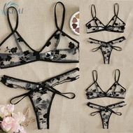 KIMI-Exquisite Black Lace Embroidery Bra Sets Sleepwear Underwear Thong for Women