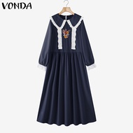 VONDA ชุดเดรสลูกไม้ปักลายลูกไม้น่ารักสำหรับผู้หญิงชุดเดรสมิดีเอไลน์ผ้าฝ้ายย้อนยุค (ลายดอกไม้เกาหลี) 