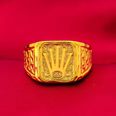 Bold Men's Crown Ring (24K AU999) - Hollow Crown Top with Bead, Shiny Ring Edge, Wedding Ceremony, G