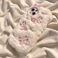 1pc Cream White Plush Cute Embroidered Bow Phone Case Compatible With IPhone 17 Pro Max/ 17 Pro/ 17/