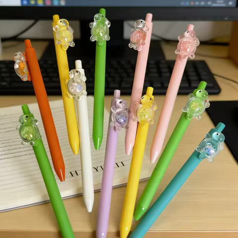 6-Pack of Randomly Colored Turtle-Shaped Black Gel Pens, Ballpoint Pens, Press-Type Ballpoint Pens, 