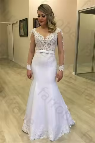 Customized Sheer Long Sleeves Mermaid Wedding Dresses See Through Back Custom Made Appliques Bridal 