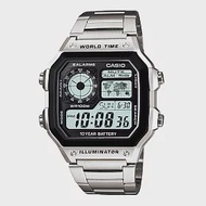 CASIO 卡西歐 AE-1200WHD 空中飛人方形款世界地圖多時區不鏽鋼電子錶- 1A