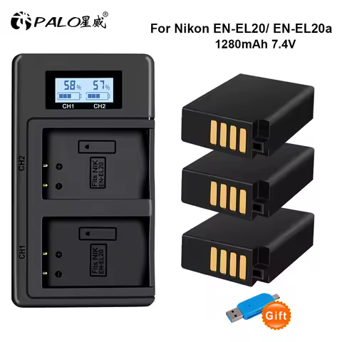 EN-EL20A EN-EL20 Battery + LCD Dual Charger for for Nikon Coolpix P1000 P950 1 J1 J2 J3 DL24-500 Bla
