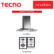 (HOOD + HOB) Tecno KA 9808 High Line Glass Chimney Cooker Hood + Tecno TA 608TRSV 4 BURNERS GAS HOB