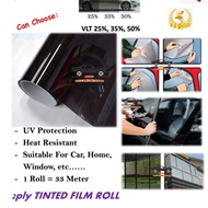 2ply CAR/HOME/WINDOW TINTED FILM ROLL VLT 25%,35%,50% BLACK SMOKE TINTED