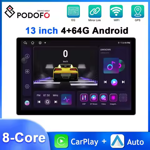 Podofo 13.1'' 8Core Car Radio 4+64G 2K Touch Screen Multimedia Player Carplay Android Auto GPS Navig