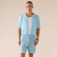 Men's Standard Size Casual Sky Blue Crochet Hollow-Out Loose Shorts Suit, For Fall Winter