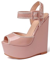 Eldof Womens Wedge Platform Sandals Peep Toe Ankle Strap Wedge Heel 6" Comfort Summer Wedge Heels fo