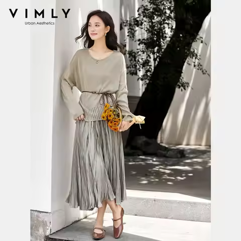 VIMLY Green Skirt Suit Two Parts Women Autumn 2026 Holiday Elegant Hollow Out Knitted Tops Long Fold