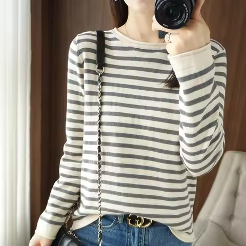 Women 100% Cotton Sweater Curled O-neck Strip Pullover Autumn Winter Casual Knit Clothing Fashion So