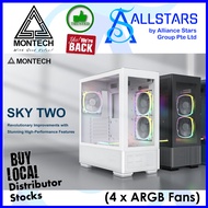 MONTECH Sky Two ATX Tower Chassis, Case, Casing (choice of Black or White) / 4xARGB Fans