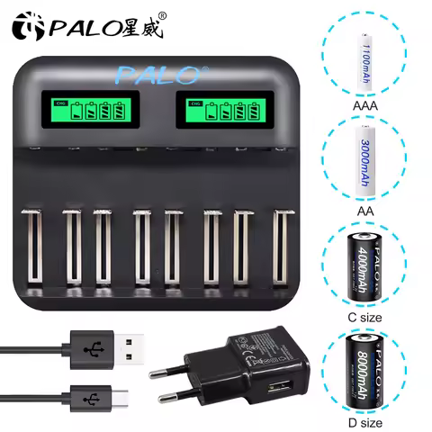 8 slots charger for AA AAA C D size rechargeable battery LCD display USB fast smart battery charger 