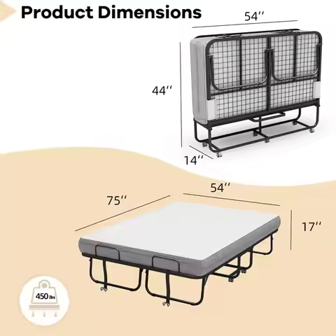 Size 75x54 Folding Bed with Mattress for Adult Extra Large Wide Rollaway Bed for Guest, Comfortable 