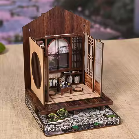 DIY Wooden Moss-Lantern Harmony Garden Book Nook Shelf Insert Kits Miniature Model Kit Japanese Book