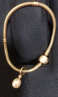 潘朵拉 k金 鑽石水滴珍珠8mm 純 黃 k 金 實心蛇鍊 手鍊