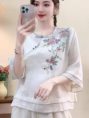 Traditional Chinese Style Summer Linen Embroidered Shirts Women Vintage Retro Blouse with Frog Butto