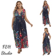 F&H 2988-XL-5XL Plus Size Women Elastic Waist V Neck Sleeveless Graffiti Ice Silk Long Dress