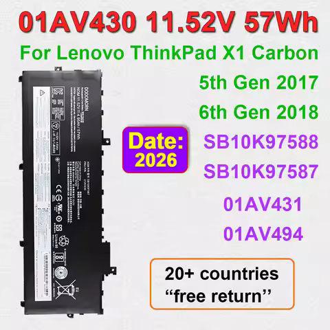 Laptop Battery For Lenovo ThinkPad X1 Carbon 5th Gen 2017/6th Gen 2018 Series 11.52V 57Wh SB10K97587