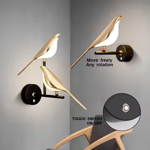 Nordic LED Bird Wall Lamp Bedroom Bedside Restaurant Touch Switch Rotatable Magpie Wall Lights Moder