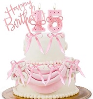 Number 15 Pink Bowknot Birthday Candle for Cake with 6 Pack Ribbons - 2.75" Large Cake Topper Decora