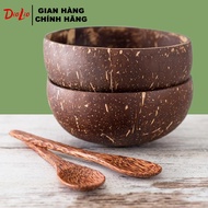 Coconut Shell Bowl + DioLio Coconut Wooden Spoon - Coconut Shell Cup For Granola, Smoothie, Ice Cream, salad, Tea, papaya