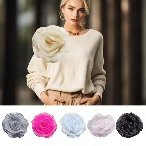 New Fashion Rose Flower Brooch 3D Organza Fabric Artificial Rose Flower Brooch Chest Flower Brooch A