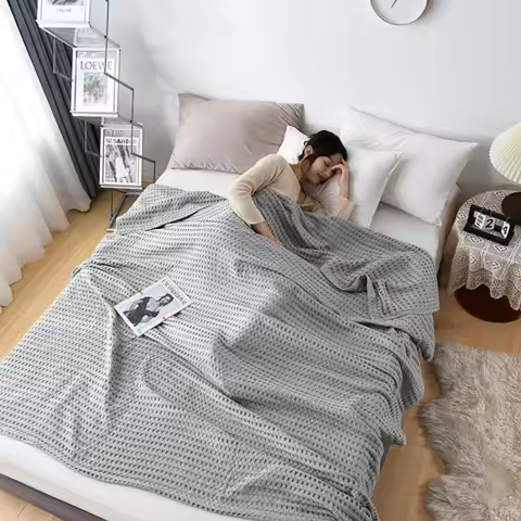 Summer Waffle Plaid Cotton Bed Blanket Throw Thin Quilt Knitted Bedspread Home Hotel Coverlets Green