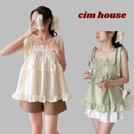 Women's dumpling shirt, babydoll 2-strap shirt made of raw silk with adjustable shoulder bow, youthf