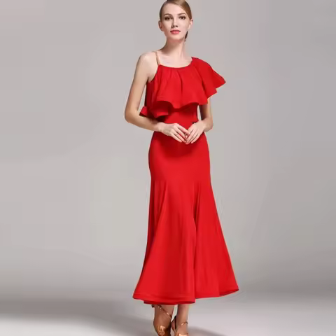 Romantic Ruffle Design Modern Dance Dress Women Standard Ballroom One-Piece Outfit Comfortable Wear 