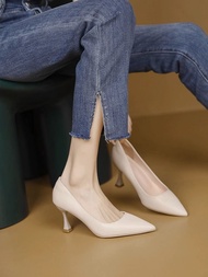 รองเท้าส้นสูงส้นสูงผู้หญิงส้นสูง3ซม. 2024ใหม่ไซส์ใหญ่ขนาด34-41ปลายแหลมส้นเข็มหนังนิ่มรองเท้าสำนักงาน