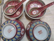 中國景德鎮 "萬壽無疆" 陶瓷2碗+2匙羹+2小碟10cm -(PB12)