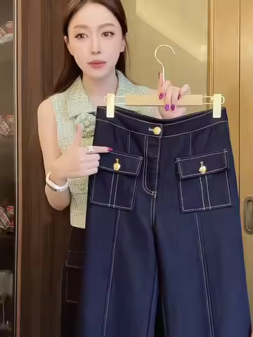 Japanese women's fashion jeans retro obvious design front patch pocket gold button jeans casual