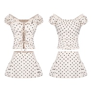 Set đồ nữ áo kiểu và chân váy chữ A DKMV hoạ tiết chấm bi thiết kế nhún bèo phối dây thắt nơ Jiyoung