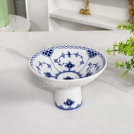 Retro Blue White China High-Foot Bowl Tangcao Flower Bone China High-Foot Dessert Bowl Household Sna