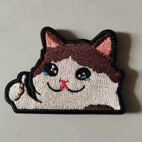 1PC Funny Cat Embroidered Patch – Humorous Crying Cat Meme Patch with Hook & Loop Velcros for Caps,