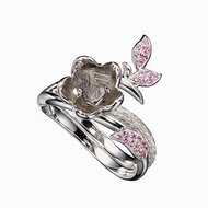 鑽石鑽胚14k金粉紅寶石梅花求婚戒指套裝 獨特植物原石訂婚組合